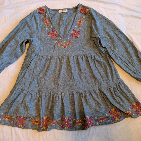NATURAL LIFE Dresses & Skirts - Natural Life Tiered  Chambray Linen Cotton Mini Dress Size L Embroidered